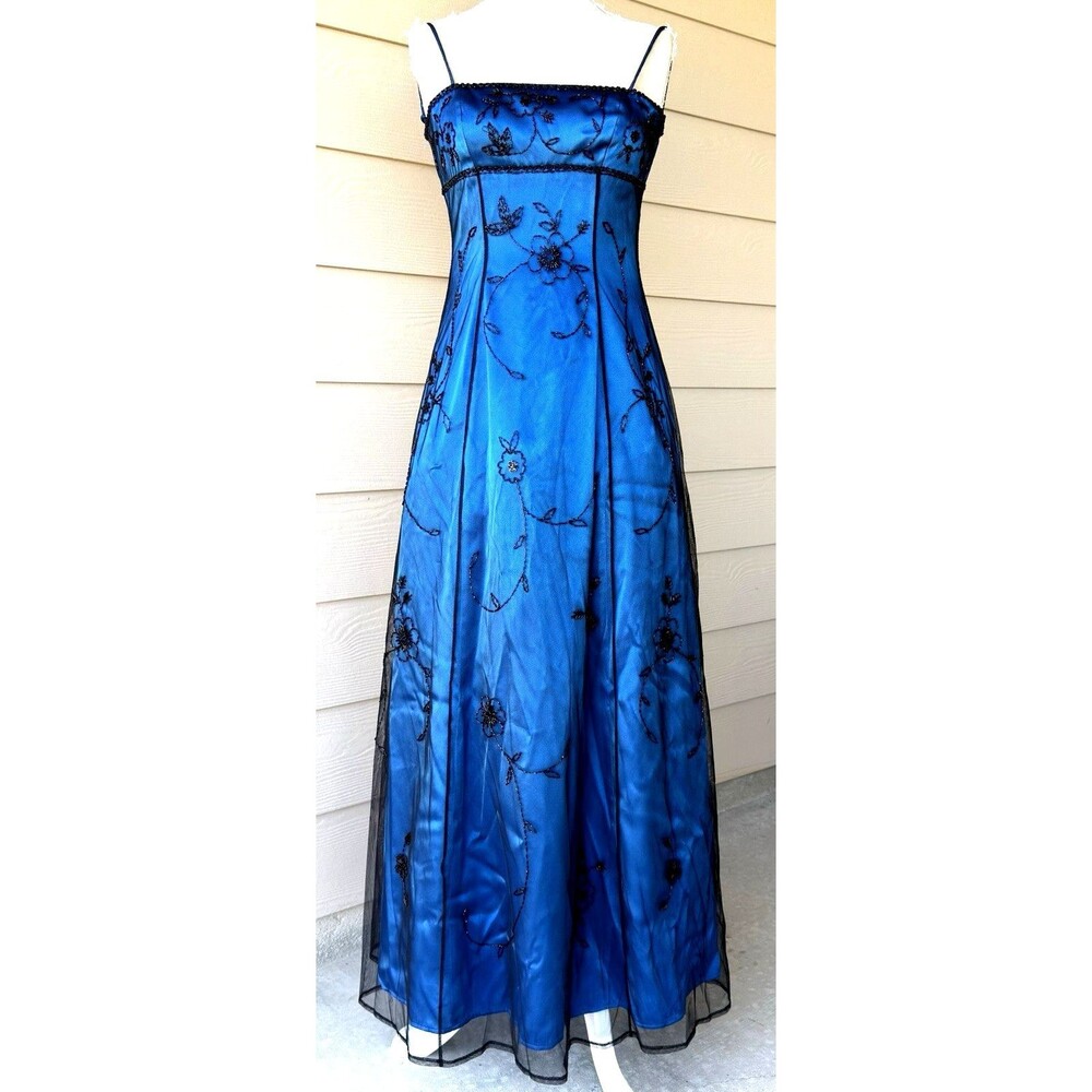 Y2K  Morgan & Co  Blue Black Beaded Gown Dress Small Made Hong Kong whimsigoth